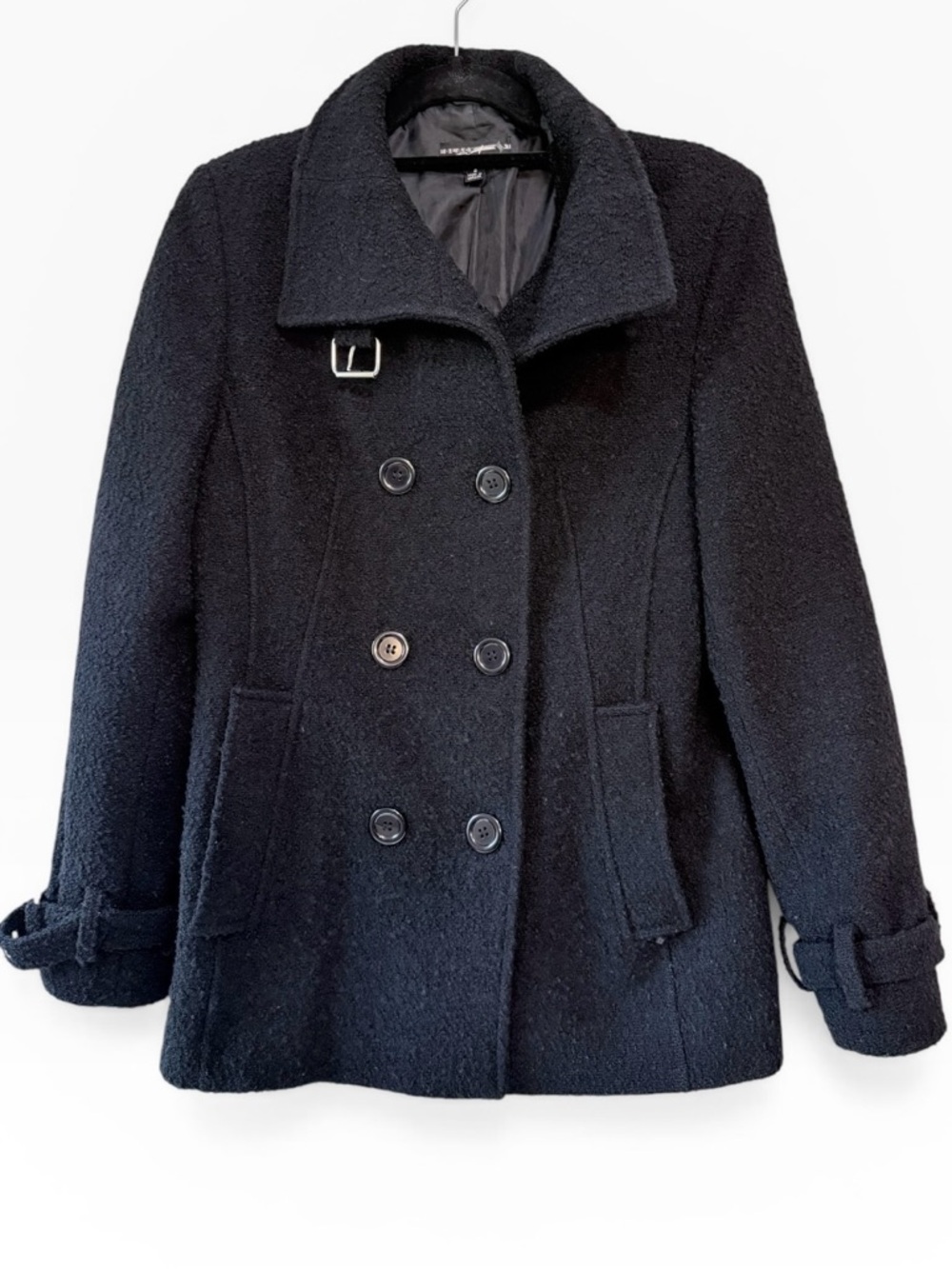 Black Rivet Women's Double-Breasted Wool Peacoat Buckle Detail Black Size 6